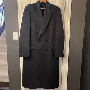 Made In England Mens Cashmere Wool Long Coat 40? Large Dark Gray Double Breasted
